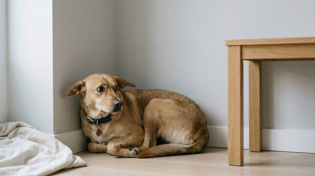 Dog feeling anxious hiding from fireworks noise in a calm room setting