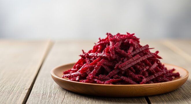 Grated Beets on Rustic Wood Plate, Shallow Focus