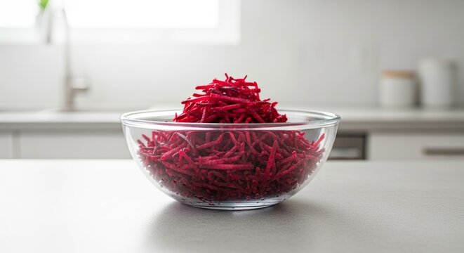 Grated Beets in Glass Bowl on Kitchen Countertop