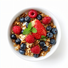 Obraz premium Fresh berries and granola in a white bowl breakfast