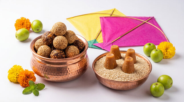 Traditional indian sweets and kites on a white surface for makar sankranti celebration