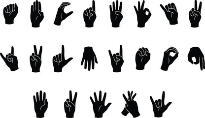 American sign language alphabet hand gestures collection isolated on white background silhouette set © Crazy Dreamy Boy