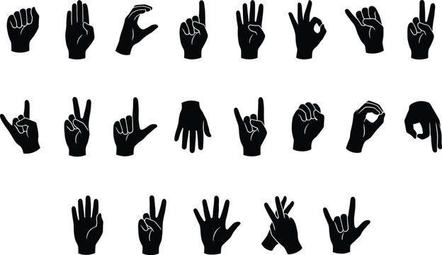 American sign language alphabet hand gestures collection isolated on white background silhouette set