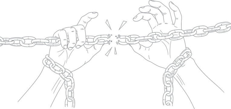 A powerful conceptual illustration showcasing human hands breaking free from oppressive chains, symbolizing liberation, freedom, and the overcoming of obstacles and difficult challenges.