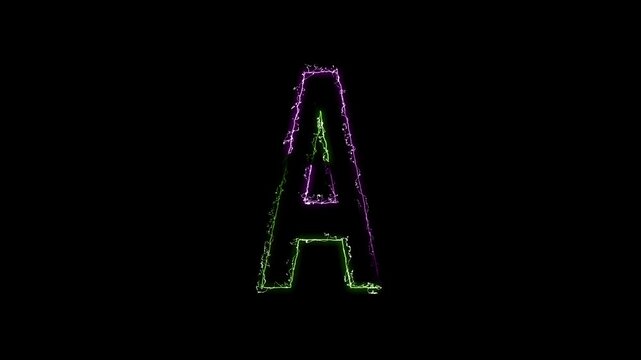 Green and Purple Neon Glowing Letter A with Electric Energy Spark Outline