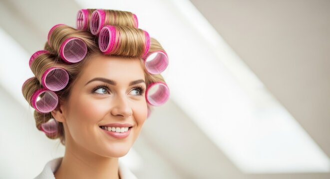 Woman with Pink Hair Rollers Smiling in Soft Light
