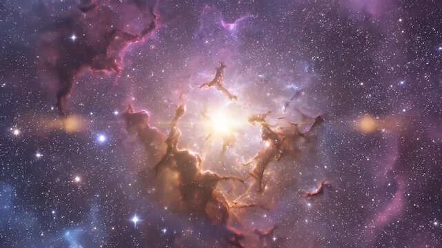 Glowing Nebula in Deep Space - This video shows a vibrant nebula with swirling clouds of purple and pink gas, punctuated by the bright glow of a central star cluster.