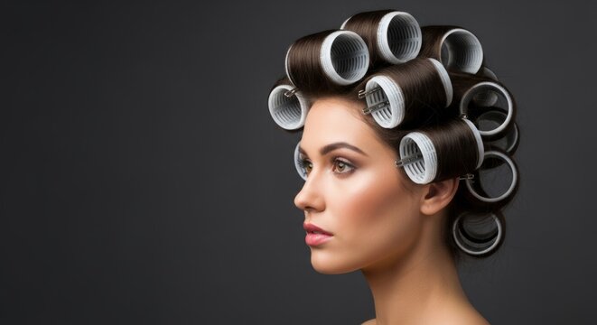 Brunette Woman With Hair Rollers Posing In Studio
