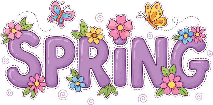 Colorful spring word with decorative flowers and butterflies on a white background, charming design