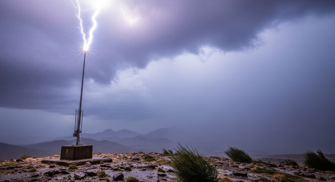 Lightning Strikes Lightning Rod on Mountain During Storm