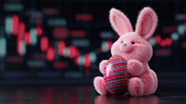 Joyful easter greetings with a pink bunny and colorful egg. Financial growth. Whimsical bunny with a decorated egg amidst easter joy. Currency movement. Exchange rates.