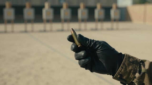 Black tactical gloved hand holding a spent shell casing at a dusty outdoor shooting range