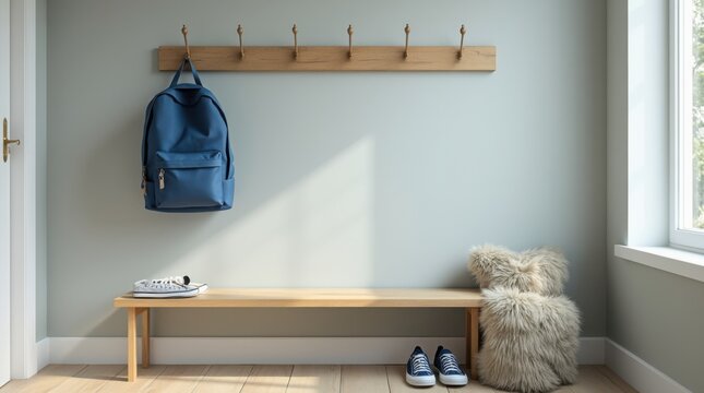 Blue school backpack hanging on a single wooden hook above a narrow bench