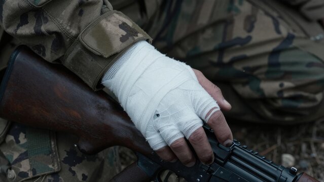 Close-up of a soldier's bandaged hand resting on a rifle stock, torn tactical glove