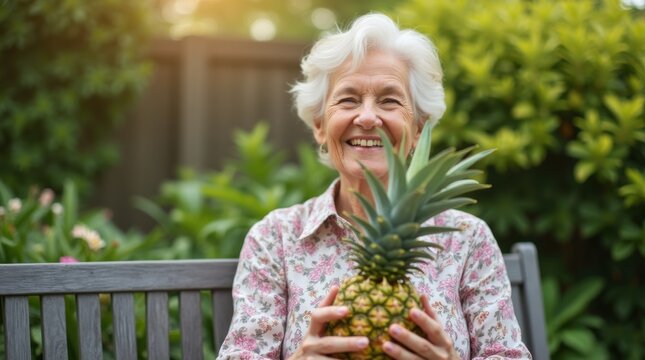 Elderly woman sitting on a garden bench and holding a pineapple in her lap while smiling