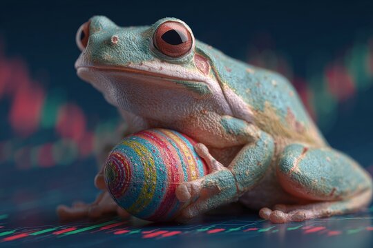 Charming easter vibes: frogs, eggs, and festive spirits. Crypto investment. Cute frog gently holding a colorful easter egg. Market indicators. Profit signals.
