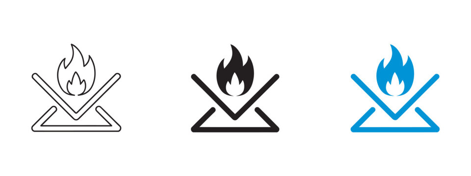 Fireproof fire resistant material icon, protection safety symbol flame heat burn hazard sign fire resistant concept shielded material vector illustration