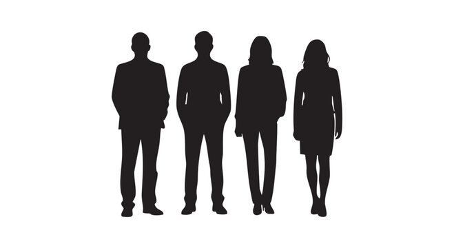 Set of four black silhouettes of business people, two men and two women, standing together.