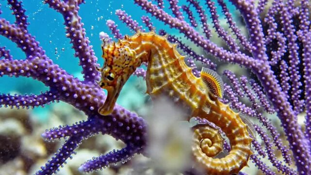 Captivating seahorse elegantly grips vibrant purple sea fan coral, gently swaying its intricate body in a pristine, sun-dappled tropical ocean habitat motion footage