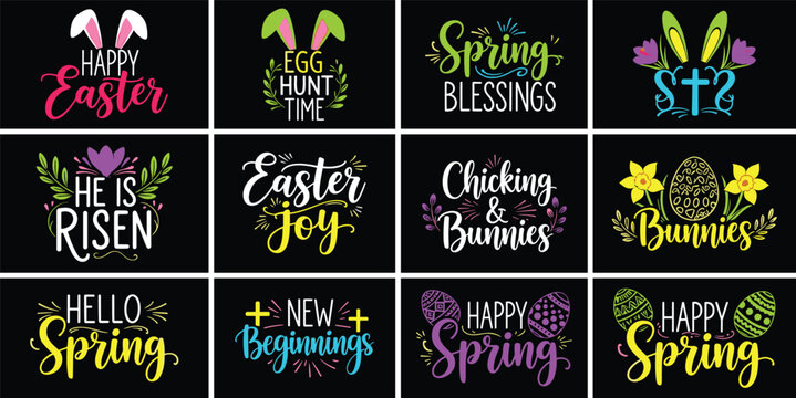 Happy easter egg hunt spring blessings chicking and bunnies religious holiday design