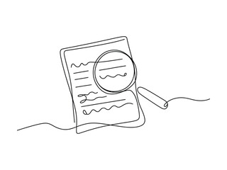 A simple line drawing of a magnifying glass on a document with scribbled lines  symbolizing investigation and research line art © mohibul