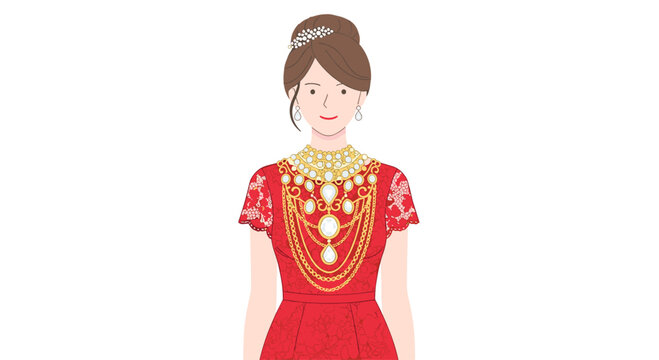 A beautiful woman with elegantly styled brown hair wears an elaborate red lace dress adorned with multiple layers of ornate gold and pearl jewelry pieces.