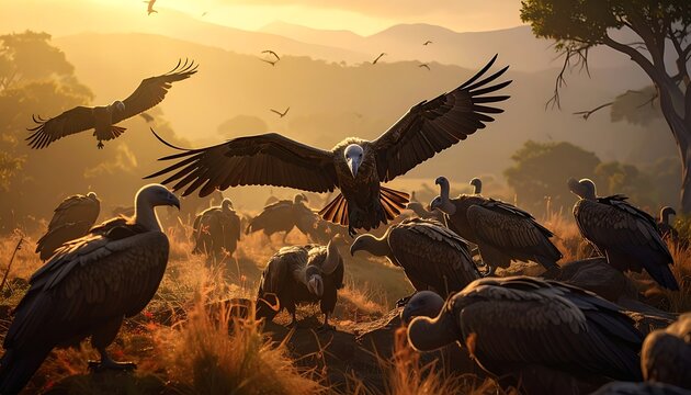 A congregation of vultures gathers on dry grass, wings outstretched, bathed in the warm glow of the setting sun