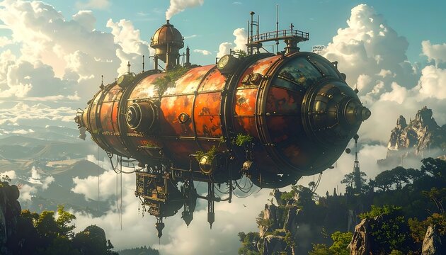 A fantastical, rusted airship floats above a lush landscape, shrouded in mist, with dramatic, cloudy skies above