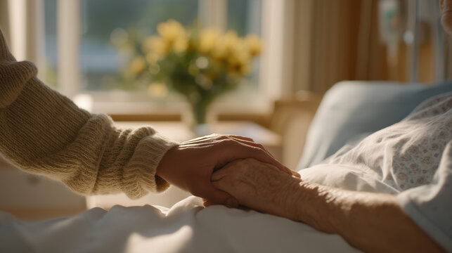 Grieving adult son places hand over mother's hand in sunlit hospice room, spring flowers visible through window, warm afternoon light, representing end of life caregiving, Mother's Day emotion, elde
