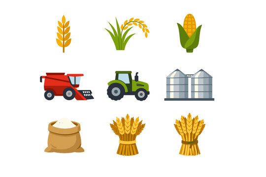 Flat vector agricultural icon set featuring wheat stalks, rice plants, corn cobs, red combine harvester, green tractor, metal grain silos, flour sack, and golden wheat sheaves for farming industry.