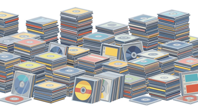A massive collection of vintage compact disc jewel cases featuring diverse colorful cover designs is piled haphazardly against a clean white background.