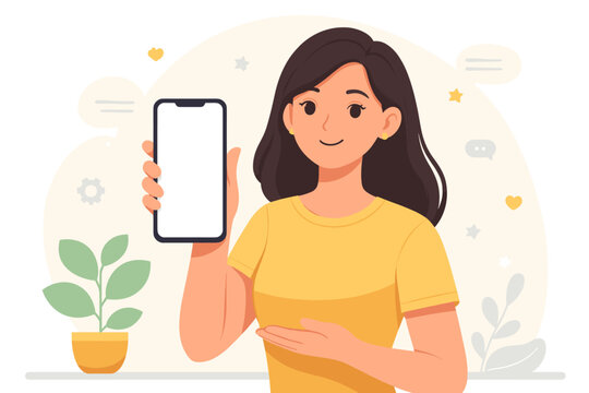 Smiling young woman avatar in a yellow t-shirt holding a smartphone with a blank white screen mockup. Flat design vector illustration of a female user displaying a mobile phone display, app