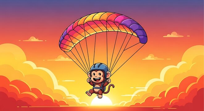 A cartoon monkey wearing a helmet and a harness, joyfully parachuting against a gradient sunset backdrop. Fluffy clouds in a vibrant sky