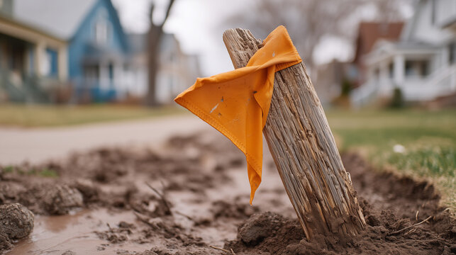 Surveyor's wooden stake with orange flag pulled from muddy ground after rain, crumbled boundary marker, property dispute escalation, suburban lawn, close up single object detail, legal real estate c