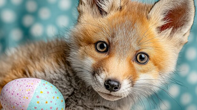 Easter's warmth and happiness in fox cub's embrace. High resolution. Joyful fox cub in dreamy easter landscape with sparkling egg. Clean layout. Bright colors.