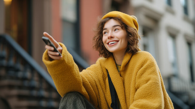Young woman in her twenties pointing excitedly at percentage bar on crowdfunding real estate app while sitting on apartment stoop, urban backdrop, property investing beginner, fractional real estate