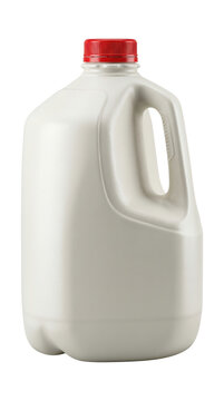 A large white plastic gallon milk jug with a red screw cap, side view. Isolated on transparent background, png