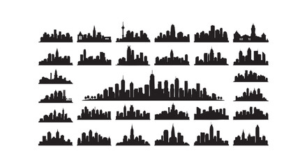 Obraz premium Various city skylines silhouette collection including modern and classic architecture buildings against white background.