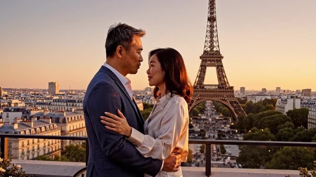 Romantic couple embraces in Paris at sunset. Eiffel Tower creates magical backdrop for love. Intimate moment captures connection and affection in beautiful city.