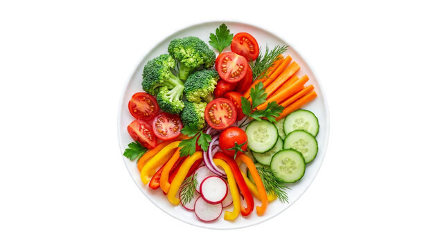 A vibrant and fresh assortment of raw, colorful vegetables, meticulously arranged on a pristine white plate, ideal for a healthy, balanced, nutritious diet