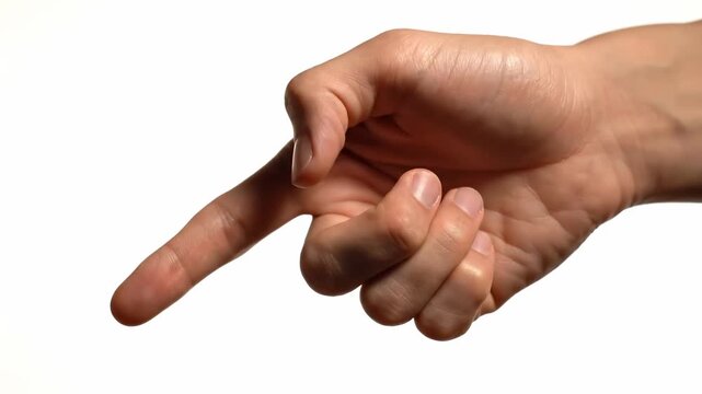 Close-up of a human hand pointing down isolated on a white background ideal for directional cues and interactive interface mockups.