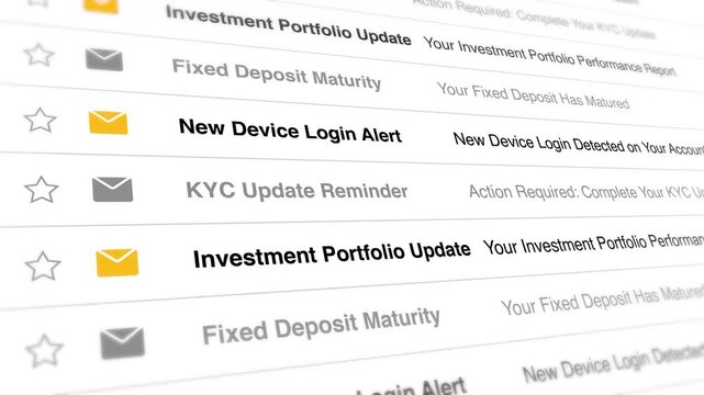 A video showcasing various email notifications on a computer screen, including login alerts and investment updates.