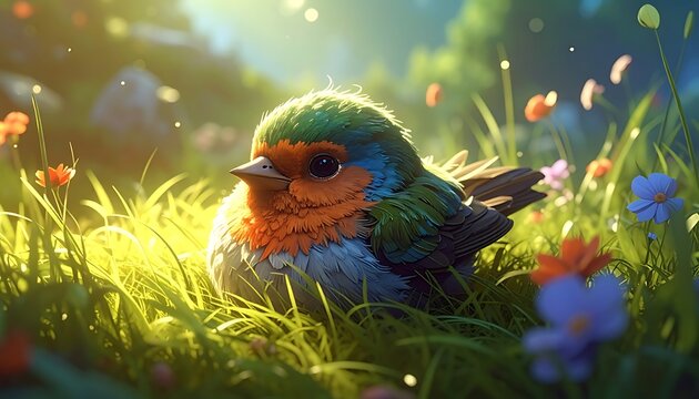 A fluffy robin nestled in vibrant grass filled with colorful wildflowers, bathed in warm, golden light, creating a dreamy scene
