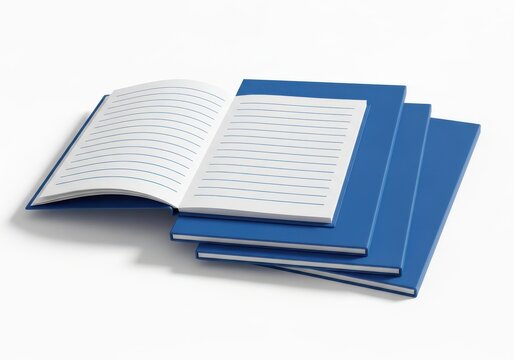 A stack of blue notebooks with one open