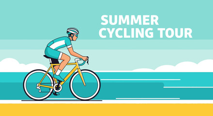 Fototapeta premium Summer Cycling Tour Illustration Depicting a Cyclist in Motion Across a Seaside Landscape