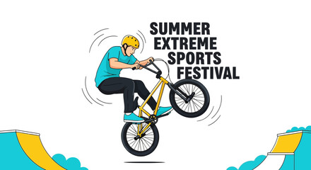 Naklejka premium Summer Extreme Sports Festival Illustration: Bike Tricks and Adventure Time Graphic Design