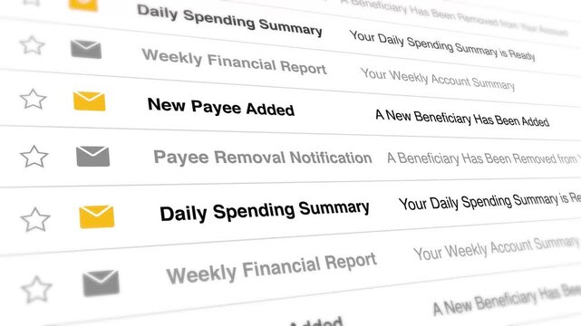 A video showcasing a computer screen with various financial notifications and emails on the display.