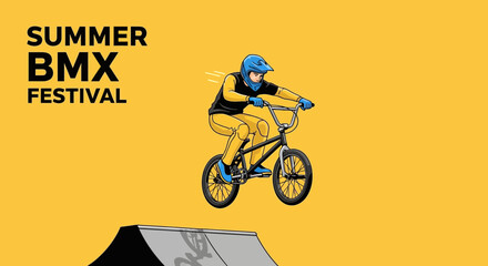 Naklejka premium Summer Bmx Festival Poster Design With Athlete Performing Stunts