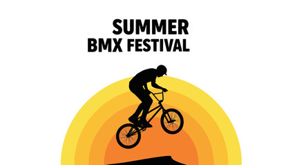 Naklejka premium Summer BMX Festival Silhouetted Biker Jumping Over a Ramp, Sport Event Illustration