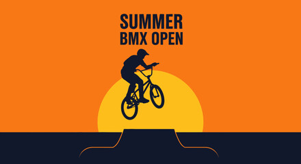 Naklejka premium Summer BMX Open Silhouette With Cyclist Jumping During Sunset, Extreme Sports Event Poster